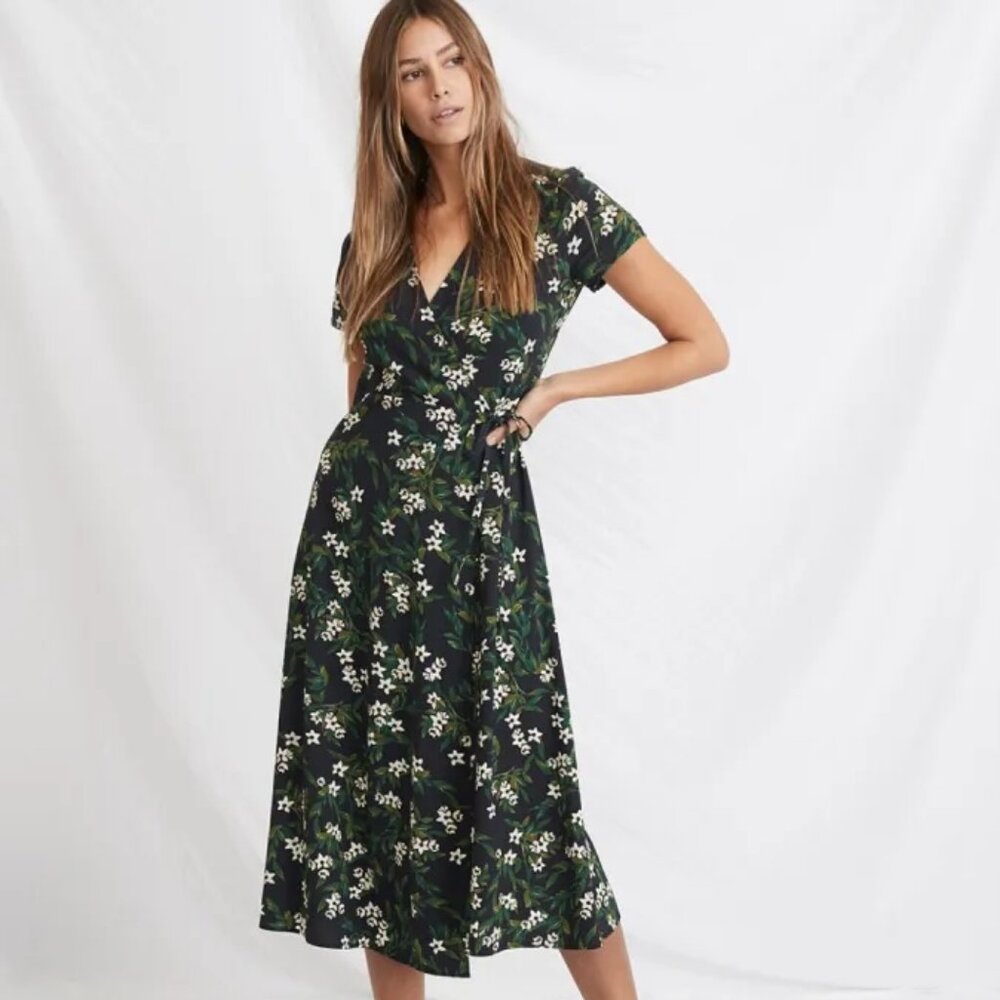 Marine Layer Emlyn Wrap Dress | Black and Green Floral